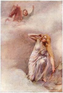 The queen of the vile gets yelled at by Prince Marko, hero of Serbian oral epic poetry, for shooting her fairy arrows and mortally wounding a friend of his. Painting by English artist William Sewell for the 1914 publication of 